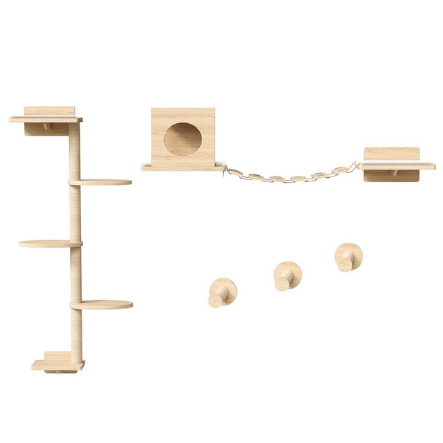 HOOBRO Wood Cat Wall Shelves for Large Cats, 11-Piece Cat Wall Furniture, Wall-Mounted Shelves with House, Hammock, Ladder, Scratching Posts and Step, Climbing Wall for Multiple Cats, Natural NL46CS03