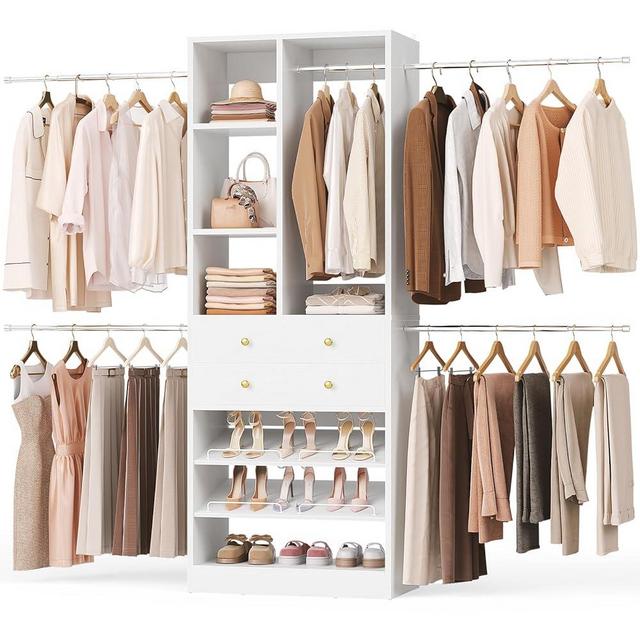 Besiost Closet System, 4.2–8.8 FT Closet Organizer with 2 Wooden Drawers and Shelves, Walk-in Closet System with 5 Hang Rods, Built-in Reach in Closet Tower, Can Fit 60 to 96 inch, White
