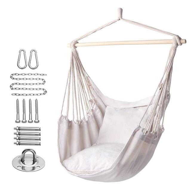 Y- STOP Hammock Chair Hanging Rope Swing, Max 320 Lbs, 2 Seat Cushions Included, Hanging Chair with Pocket, Quality Cotton Weave, for Indoor and Outdoor, Natural