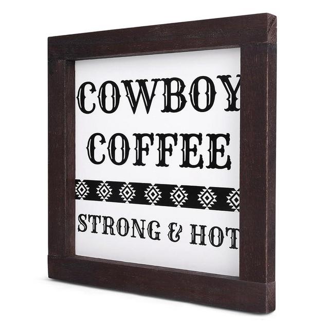 Framed Western Kitchen Decor,Cowboy Coffee Strong & Hot Wooden Sign,Farmhouse Coffee Bar Decor Rustic Kitchen Decor for Tiered Tray
