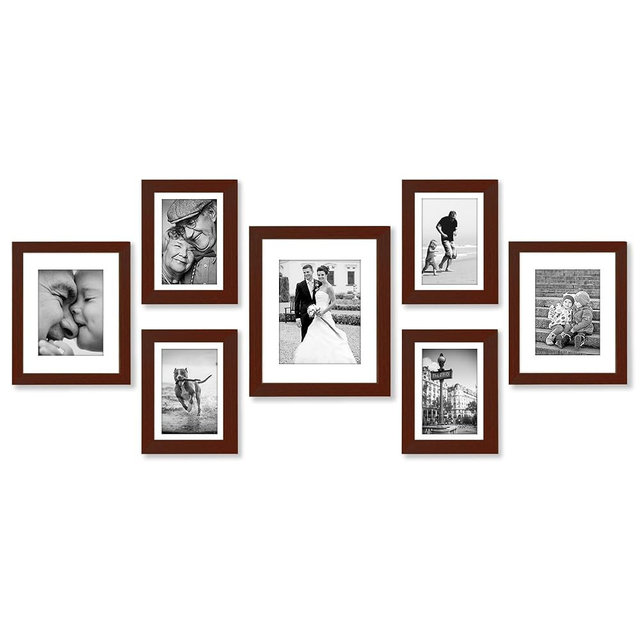 Americanflat Set of 7 Picture Frames with Shatter-Resistant Glass - Gallery Wall Frame Set with One 11x14, Two 8x10 and Four 5x7 Frames - Signature Collection - Mahogany