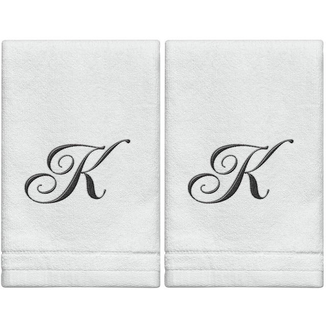 Monogrammed Towels Fingertip, Personalized Gift, 11 x 18 Inches - Set of 2- Black Embroidered Towel - Extra Absorbent 100% Cotton- Soft Velour Finish - For Bathroom/ Kitchen/ Spa- Initial K (White)