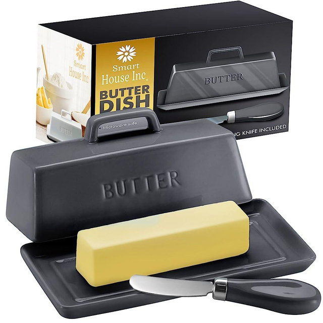 Ceramic Butter Dish Set with Lid and Knife - [Grey]- Decorative Butter Stick Holder with Handle for 1 Stick of Butter - Microwave Safe, Dishwasher Safe - Anti-Scratch Stickers Included.