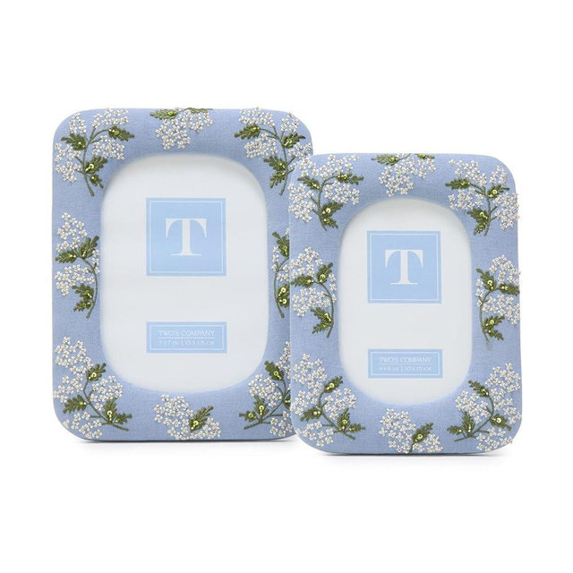 Two's Company Hydrangea Embroidered and Embellished Linen Fabric Photo Frames, Set of 2