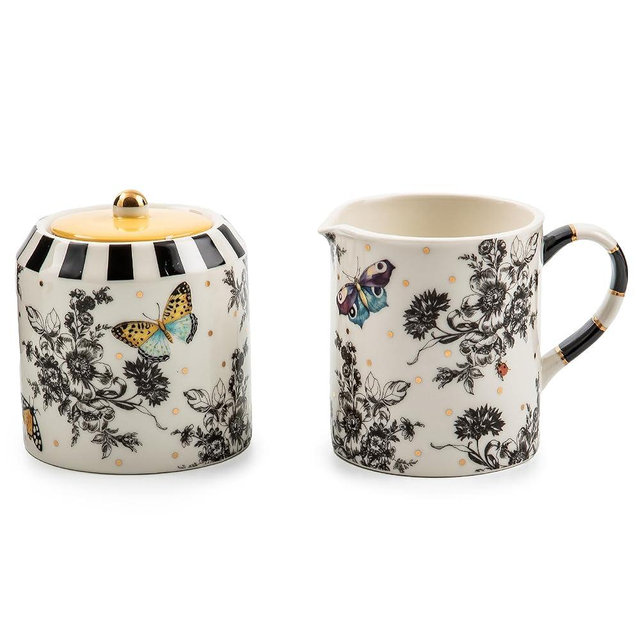 MACKENZIE-CHILDS Creamer and Sugar-Bowl Set, Cream Dispenser and Sugar Holder, Unique Kitchen Decor, Butterfly Toile