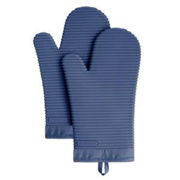 KITCHENAID Ribbed Soft Silicone Oven Mitt 2-Pack Set, 7.5"x13", Blue Willow