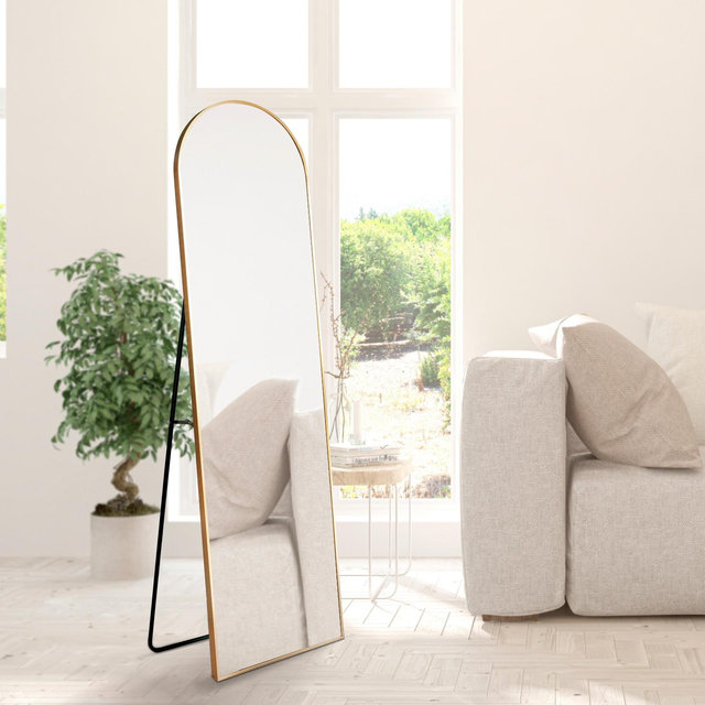 JONATHAN Y Adrian 16 in. W x 59 in. H Large Arched Metal Framed Floor Full-Length Mirror, Gold