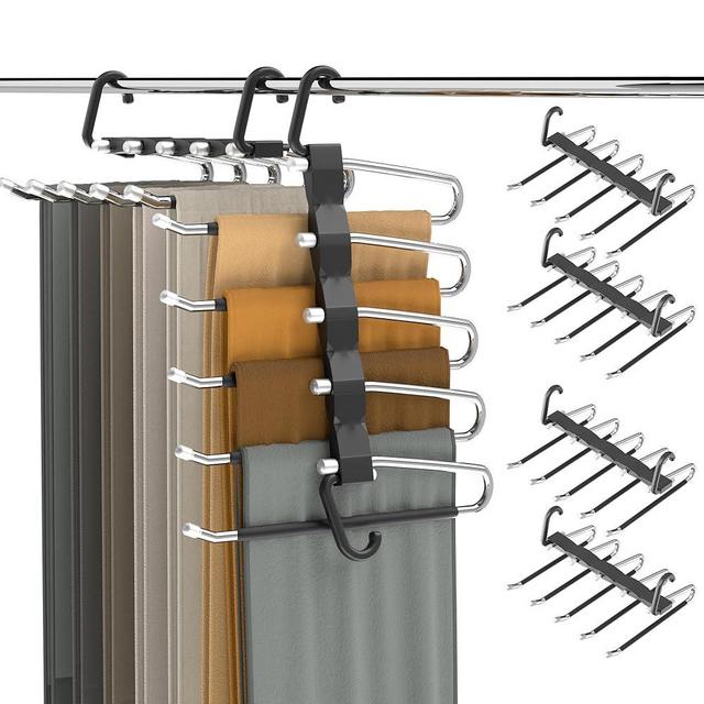 Pants Hangers Space Saving - 4 PCS Closet Organizer and Storage Jean Hangers, Stainless Steel Anti-Slip Clothes Hanger Scarf Holder Pants for Jeans Leggings Trousers Rack for Back to School, Black