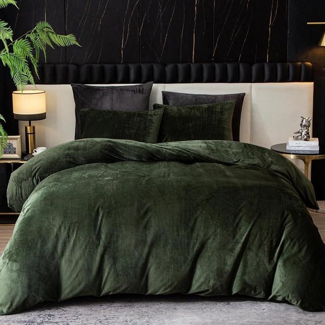Ivellow Velvet Duvet Cover King Set Dark Green Comforter Cover 3Pcs Ultra Soft Cover Breathable Solid Luxury Flannel Velour Duvet Cover Zipper Closure Corner Tie
