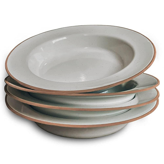Mora Ceramic Wide Rimmed Soup Bowl 25oz, Set of 4 - For Pasta, Italian, Spaghetti, Dipping Bread, Fancy Dinner etc. Large Plate/Bowls Hybrid For Everyday & Restaurant Use, Large Flat Rim - Earl Grey