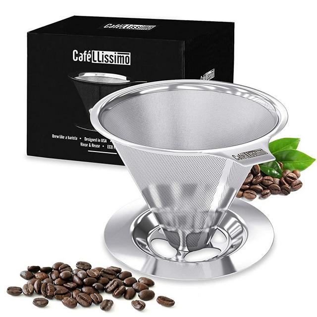Cafellissimo Paperless Pour Over Coffee Dripper - Manual Reusable Stainless Steel Cone Filter, Single Drip Brew, Double Mesh Liner