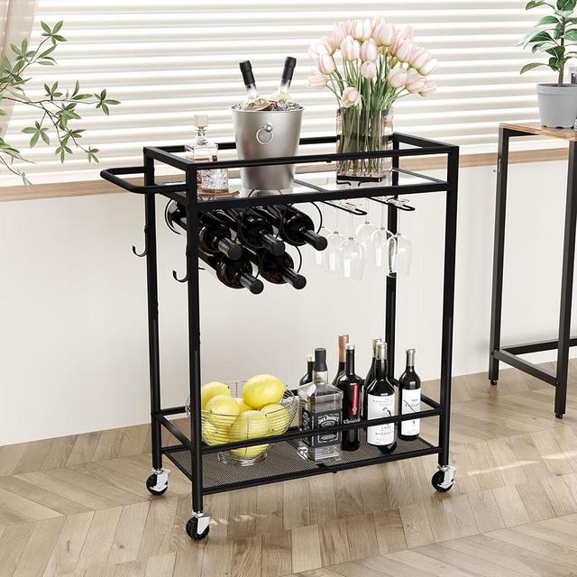 Bar Cart, 2-Tier Kitchen Cart with Wine Rack and Glass Holder, Black Serving Cart with Wine Rack and Glass Holder, Rolling Serving Cart for Kitchen, Dining Room, Club, Bar, Living Room, Party, Black