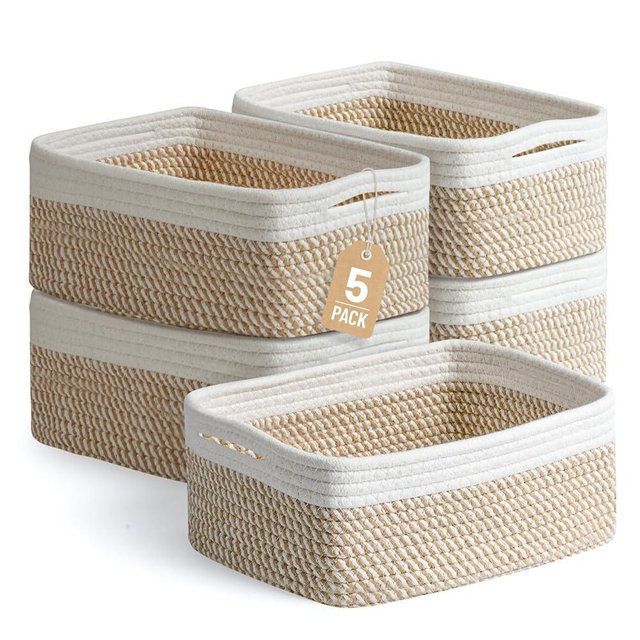 5 Pack Small Woven Storage Baskets for Shelves, Cotton Rope Baskets Organizer for Bathroom, Closet & Nursery, Decorative Storage Bins for Organizing Socks, Toys, 11.8"x7.9"x4.7", Khaki/White