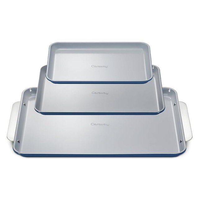 Caraway Non-Stick Ceramic Baking Sheet Trio - Naturally Slick Ceramic Coating - Non-Toxic, PTFE & PFOA Free - 18 x 13" Large, 15 x 10" Medium, & 9" x 13" Small - Navy