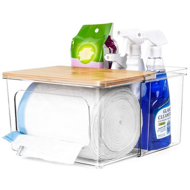 iCASA Trash Bag Dispenser Holder - 2 in 1 Clear Acrylic Plastic Garbage Bags Container With Bamboo Lid Storage Box for Kitchen Pantry Laundry Room Organization, Large Trash Bag Organizer Under Sink