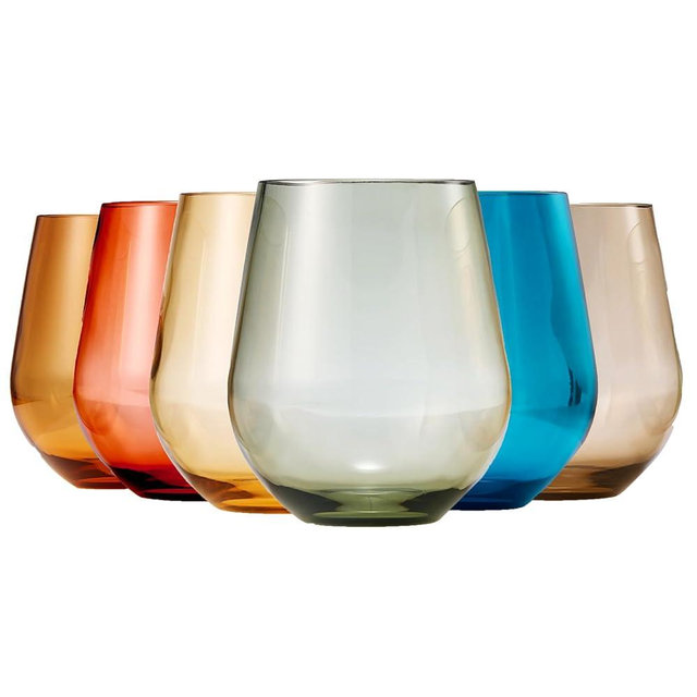 European Style Shatterproof Tritan Stemless Wine Glasses, Acrylic Glass Drinkware, Unbreakable Colored, 6 - Set - BPA-free plastic, Reusable, Dishwasher Safe, All Purpose Glassware 15oz - (Muted)