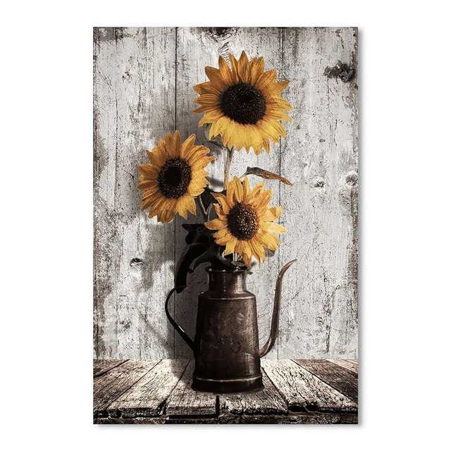 Rustic Sunflower Canvas Wall Art: Vintage Flower Picture Print Farmhouse Wall Decor - Floral Pot Decorative Poster Framed Artwork Decoration for Bedroom Home Office Ready to Hang 10" x 15"