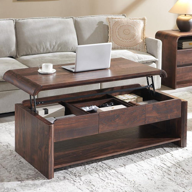 Aitjunz 47" Lift Top Coffee Table with Storage, Modern Coffee Table with Pull-Out Drawer and Two-Tier Storage, Rectangle Wood Center Table w/Curved Profile Design for Living Room, Brown