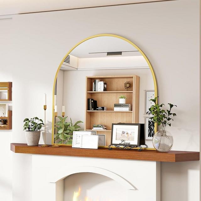 VooBang Arched Wall Mirror, 31 x 32 inch Arch Bathroom Mirror, Wall Mounted Vanity Mirror with Arch Metal Frame, Modern Bathroom Vanity Mirror for Bedroom, Living Room, Hanging or Leaning, Gold