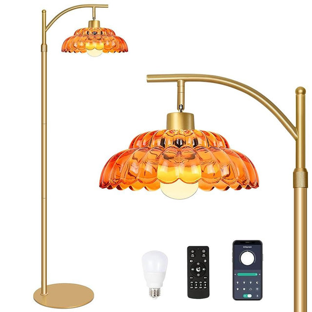 Glass Floor Lamp for Living Room, Standing Lamp with Remote, Dimmable Tall Lamps with Orange Glass Shape, Mid Century Modern Floor Lamps for Bedroom, 12W LED Bulb Included