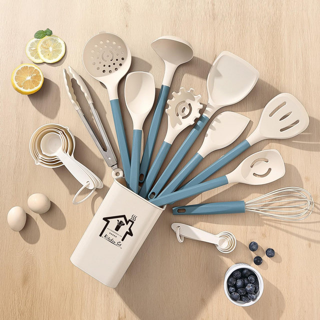 SUGIFT 21 Piece Silicone Cooking Utensils Set with Storage Container Heat Resistant Kitchen Tools with Measuring Cups and Spoons for Nonstick Cookware