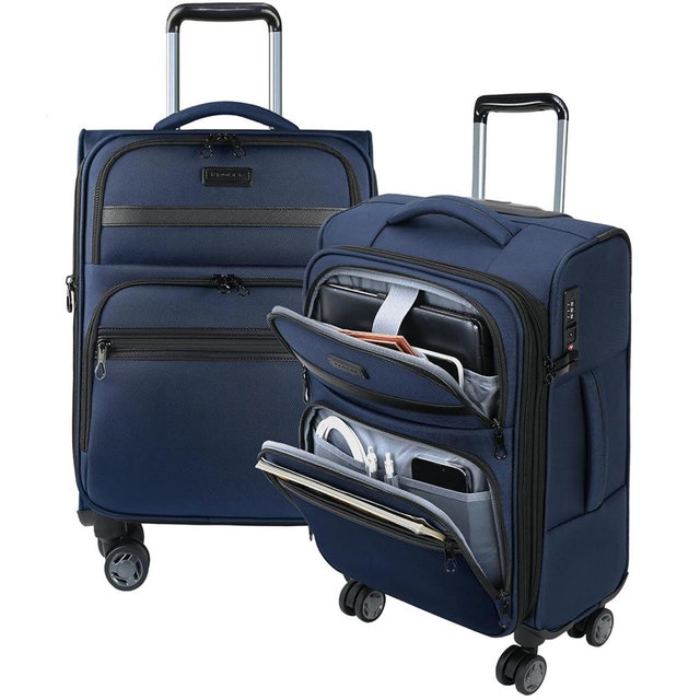 KROSER Softside Expandable Carry On Luggage with Front Business Pockets，20 Inch Suitcases with Spinner Wheels & Built-in TSA Lock, Durable Suitcase Rolling Luggage with USB Port, Navy