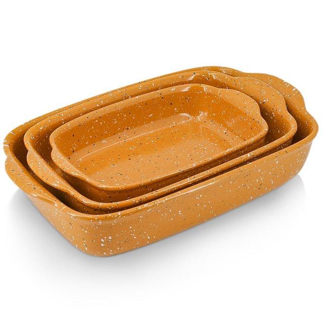 KROKORI Ceramic Baking Dish Set of 3, Casserole for Oven,Rectangular Bakeware Dishes with Handles,Lasagna Pan Deep,Handcraft Speckle Stoneware Series (13.8''/12''/9.6''Orange)
