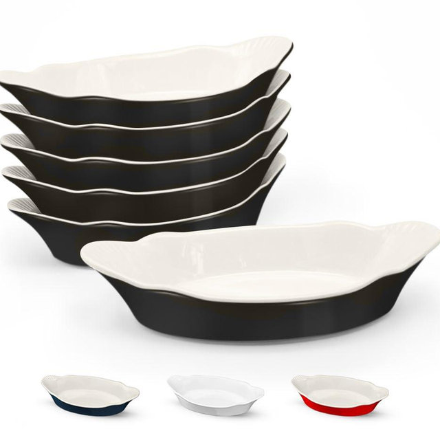 Kook Ceramic Au Gratin Baking Dishes, Individual Serving, for Casseroles, Lasagna & Cobblers, Oven, Microwave & Dishwasher Safe Bakeware, oz, Set of 6, White