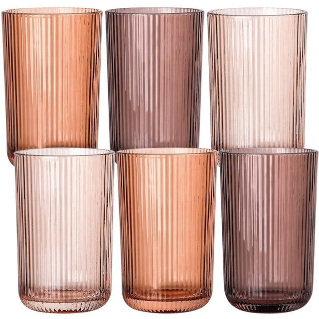 Melanin Colored Ribbed Highball Glasses Set of 6, 13.2oz Vintage Melanin Colored Glassware, Drinking Glasses for Water, Juice, Iced Coffee, Cocktails, Ribbed Glass Cups, Housewarming Christmas Gift