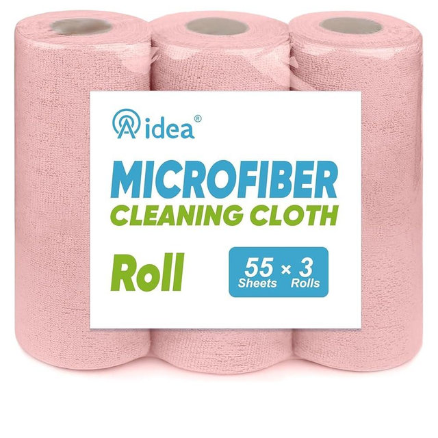 AIDEA Microfiber Cleaning Cloth 165 Sheets 3 Roll, Pink, Microfiber Towels for Cars, Shop Towels, Shop Rags Washable,Cleaning Rags Reusable Paper Towels for Automotive, Workshops, House,11×9"
