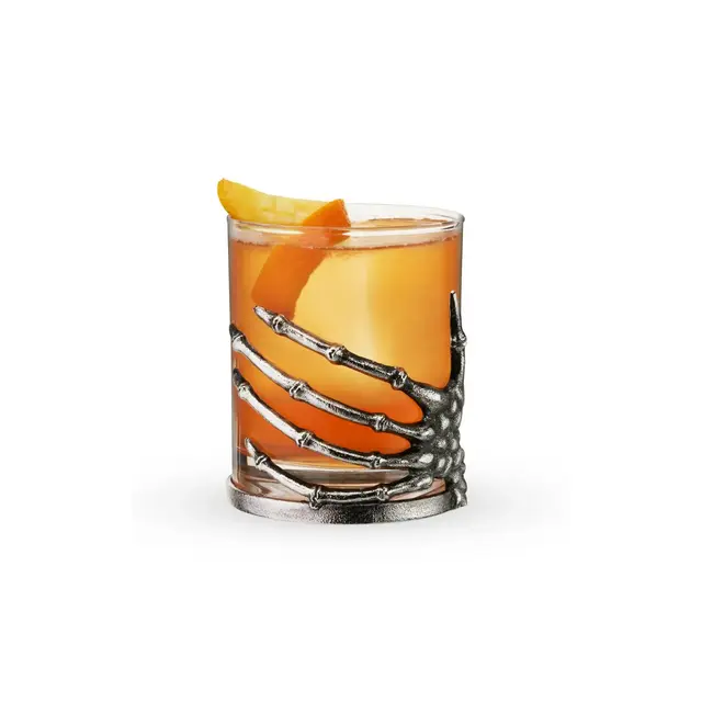 Twine Skeleton Hand Cocktail Tumbler, Gothic Whiskey Glass with Metal Skeleton Wrap, Spooky Halloween Barware for Bourbon, Cocktails, 10 oz.,Set of 1
