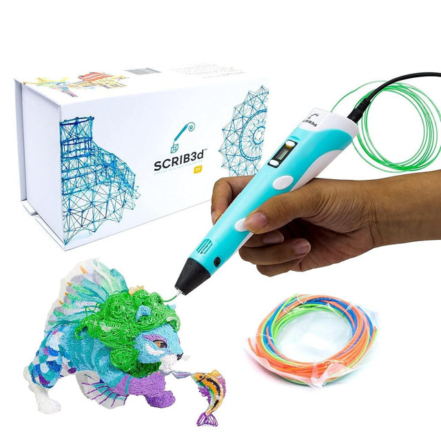SCRIB3D P1 3D Printing Pen with Display - Includes 3D Pen, 3 Starter Colors of PLA Filament, Stencil Book + Project Guide, and Power adapter