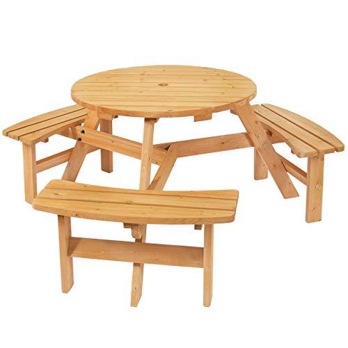 Best Choice Products 6-Person Circular Outdoor Wooden Picnic Table with 3 Built-in Benches and Umbrella Hole, Natural