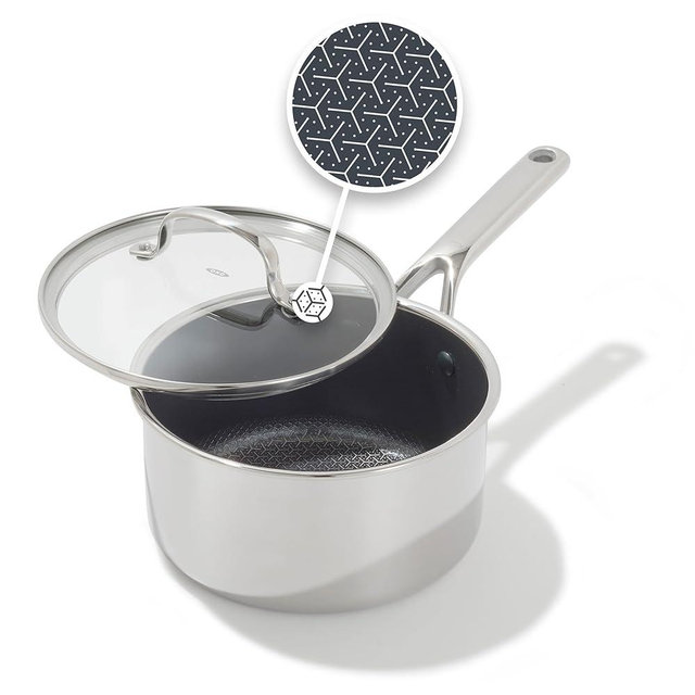 OXO Hybrid 2.5QT Nonstick Saucepan with Glass Lid, PFAS-Free Ceramic Chef Pot, Oven Safe to 850F, Induction & All Cooktop Compatible, Dishwasher Safe, Mirror Polished Tri-Ply