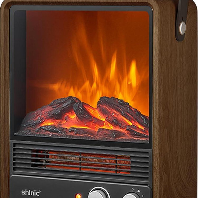 Shinic Electric Fireplace Heaters for Indoor Use,1500W Space Heater with Crackling Sound & 3D Realistic Flame, Safety Protection, Mini Portable Fireplace Heater for Home Christmas Decoration, Walnut