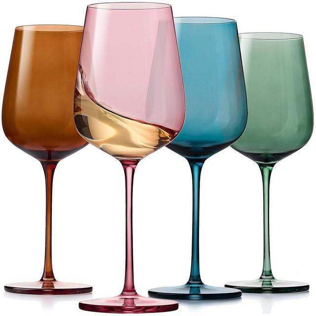 Colored Wine Glasses Set of 4, Luxury Hand Blown 18oz Crystal Colored Wine Glasses set for Wife & Mom, Colorful Vintage Glassware Gift Set, Christmas Gift for Red or White Wine