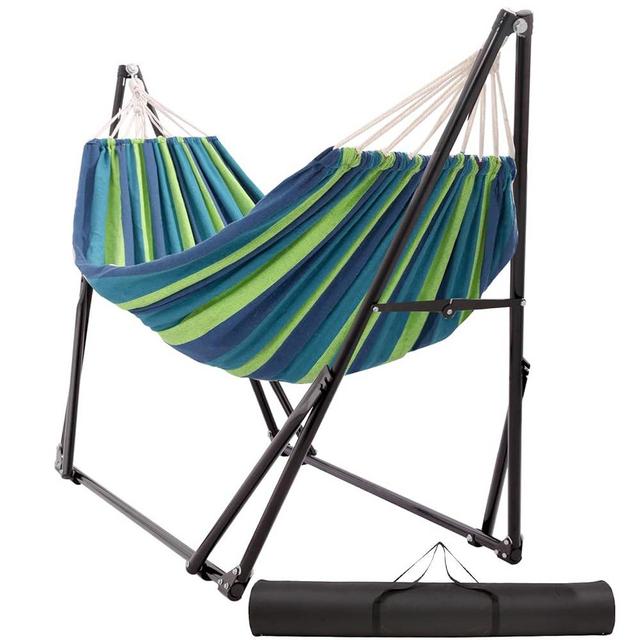 Hammock with Foldable Steel Stand,Frabic Tension Adjustable,Carrying Bag Included, 616 lbs Weight Capacity, Portable Suitable for Outside Garden Yard Outdoor Inhouse Cyan