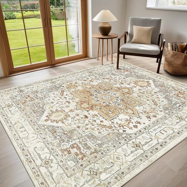 Srugn Washable Rugs 8x10 Area Rugs for Living Room,Rugs for Bedroom,Large Carpets,Ultra Soft Faux Wool Retro Dining Room Rug,Non Slip&Non-Shedding Low Pile Vintage Print Rug for Home Office,Turmeric