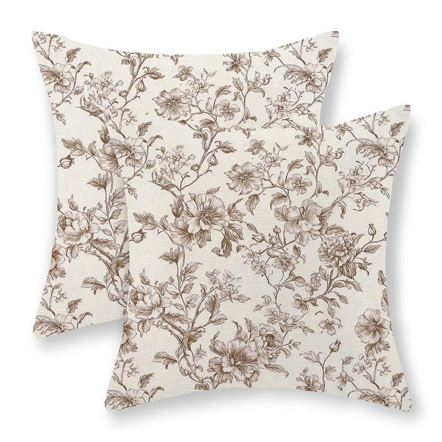 GOLIANDA Brown Pillow Covers 16x16 Set of 2 Brown and Cream Floral Chinoiserie Throw Pillows Vintage Rustic Toile Flower Decorative Pillow Cases Outdoor Chinoiserie Decor Cushion Case for Couch Sofa