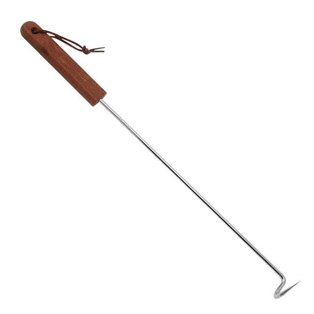 Fenteer BBQ Meat Turner Hook, Stainless Steel Grill Accessories with Wood Handle, Sturdy Barbecue Turner Hook Food Flipper Hook for Steak Meats Turning, 44cmx3.7cm