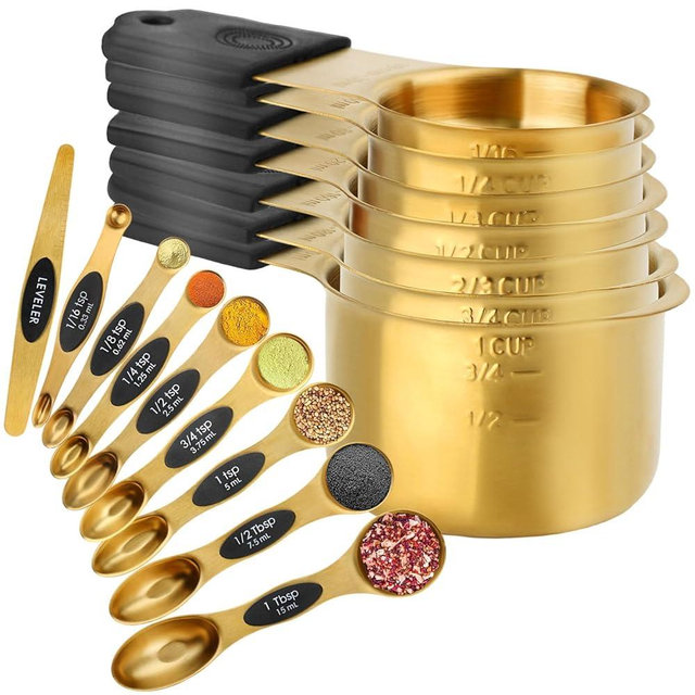 Gold Magnetic Measuring Cups & Spoons Set of 16, 7 Stainless Steel Measuring Cups, 8 Double-Sided Measuring Spoons & 1 Leveler, Premium Finish Baking Tools Kitchen Gadget for Dry & Liquid Ingredients