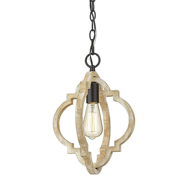 Farmhouse Wood Pendant Light, CALDION Kitchen Chandelier with Wood and Metal, 1-Light Ceiling Hanging Light Fixture for Dining Room Living Room, 6808PL-GW