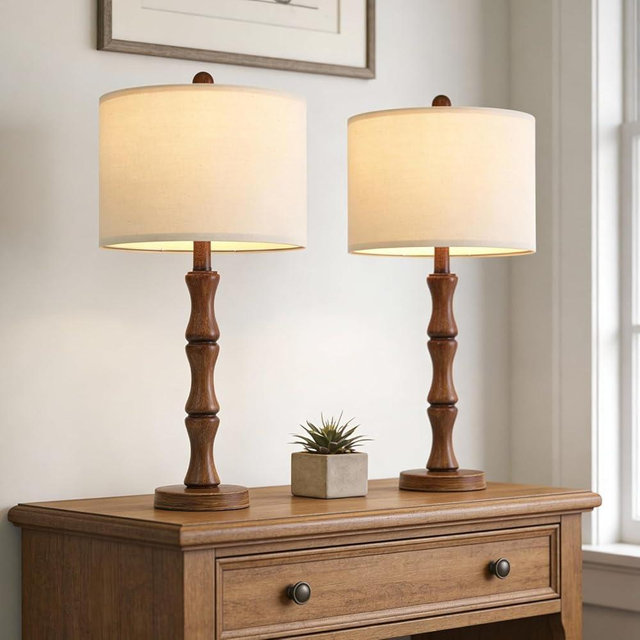 BOBOMOMO 25" Rustic Table Lamps Set of 2, Farmhouse Nightstand Lamps with Wood Grain Resin Base & Linen Shade, Standard Table Lamps for Bedroom, Living Room, End Table & House Décor