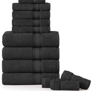 LANE LINEN Luxury Bath Towels Set - 12 Piece Set, 100% Cotton, Zero Twist, Quick Dry Shower Towel, Absorbent Towel, Super Soft, 4 Bath Towels, 4 Hand Towels, 4 Wash Cloths - Black