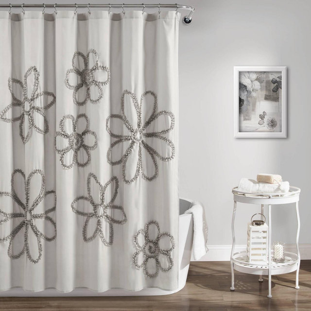 72"X72" Single Ruffle Flower Shower Curtain Gray - Lush Décor