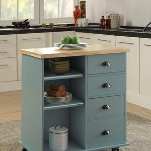 Oliver and Smith - Nashville Collection - Mobile Kitchen Island Cart on Wheels - Blue Grey - Natural Oak Butcher Block - 31" W x 18" L x 36" H