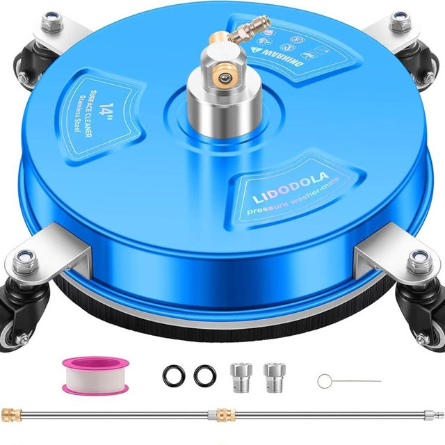 14" Pressure Washer Surface Cleaner with 4 Wheels - Coated Blue Stainless Steel Surface Cleaner for Pressure Washer Attachment for Concrete, Driveway, Patio, Sidewalk, Deck and Driveways - PWS14B