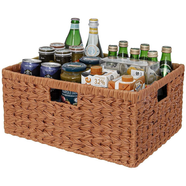 GRANNY SAYS Woven Storage Basket, Large Wicker Basket for Shelves, Odorless Plastic Wicker Baskets, Waterproof Wicker Storage Basket for Organizing Pantry, Caramel Orange, 1-Pack