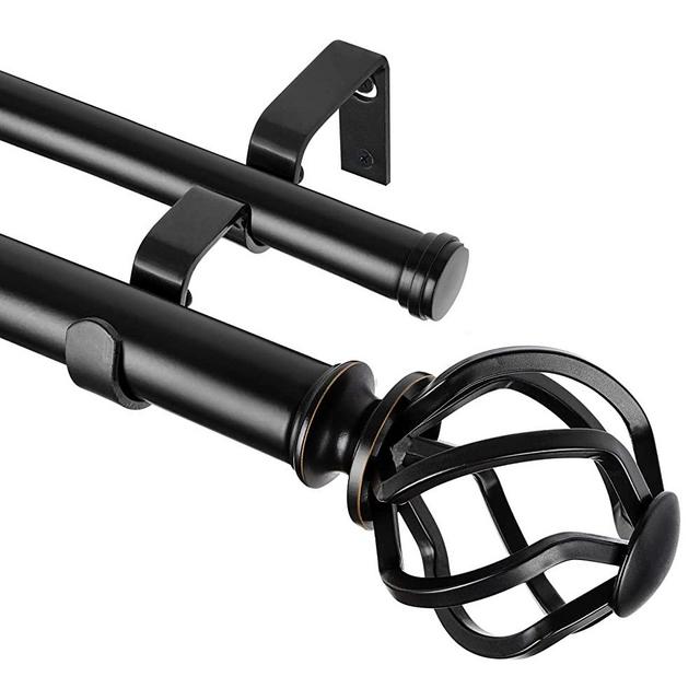 KAMANINA 1 Inch Double Curtain Rods 72 to 144 Inches (6-12 Feet) Window Telescoping Drapery Rod, Black Curtain Rods for Windows 69 to 140 Inches, Twisted Cage Finials