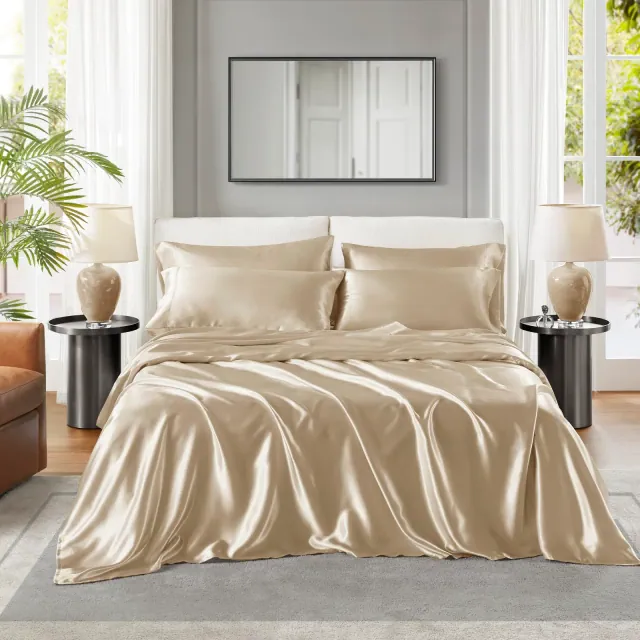 6 Pcs Solid Wrinkle-Free Satin Sheet Set, Silky Soft Touch Frezz-Reduce Luxury Sheets, OEKO-TEX Certified Premium Bedding Set, Champagne, King